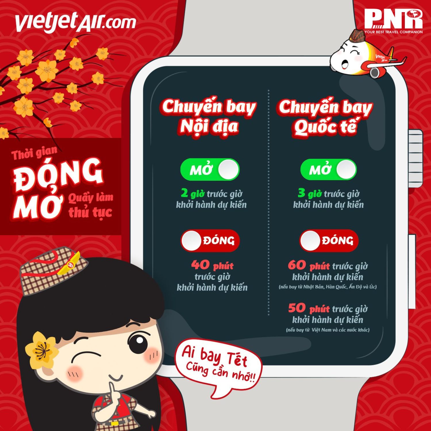 Lưu ý về thời gian Đóng/Mở quầy thủ tục khi bay Tết