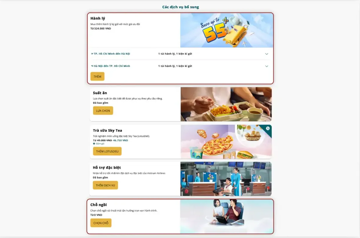 Lựa chọn dịch vụ bổ sung vé máy bay vietnam airline