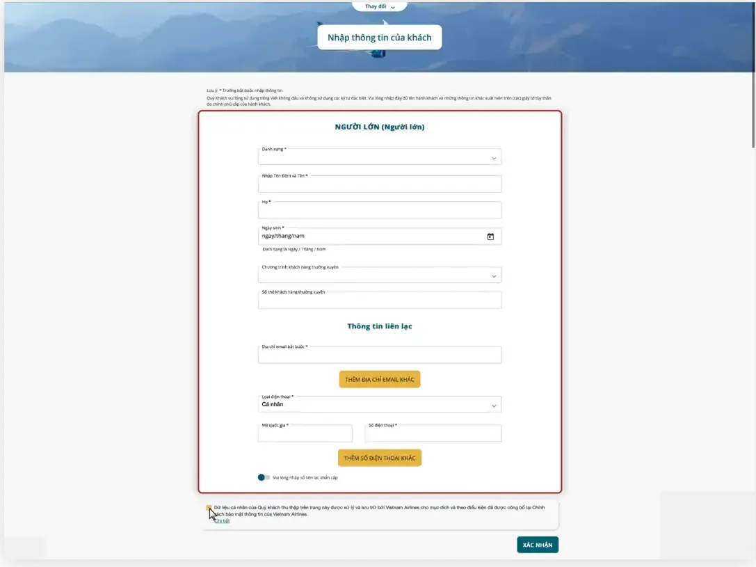 Nhập thông tin khách hàng Vietnam Airlines