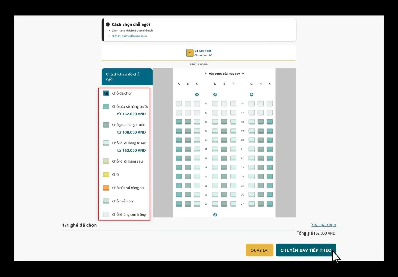 Chọn chỗ ngồi Vietnam Airlines