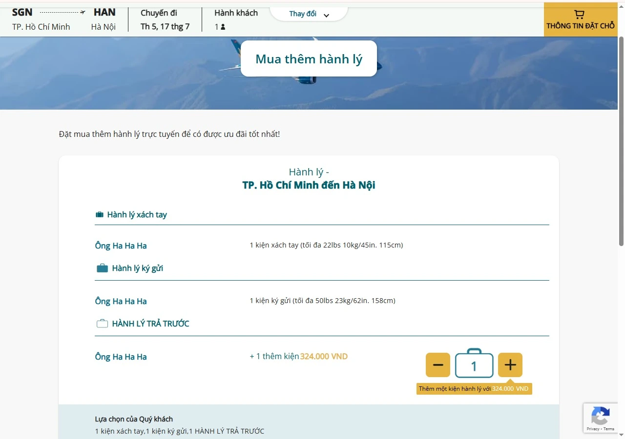 Thêm hành lý khách hàng Vietnam Airlines