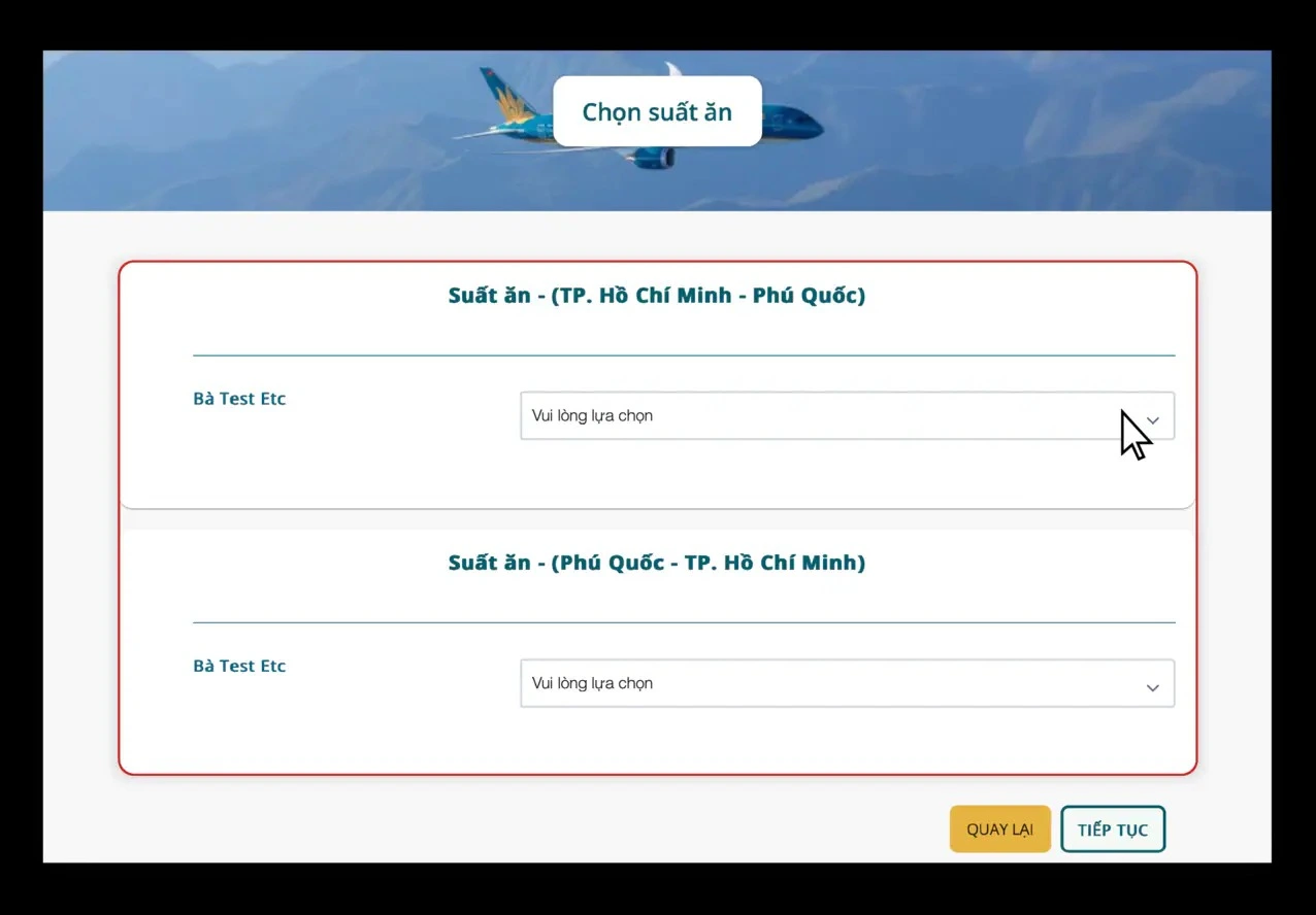 Lựa chọn suất ăn Vietnam Airlines