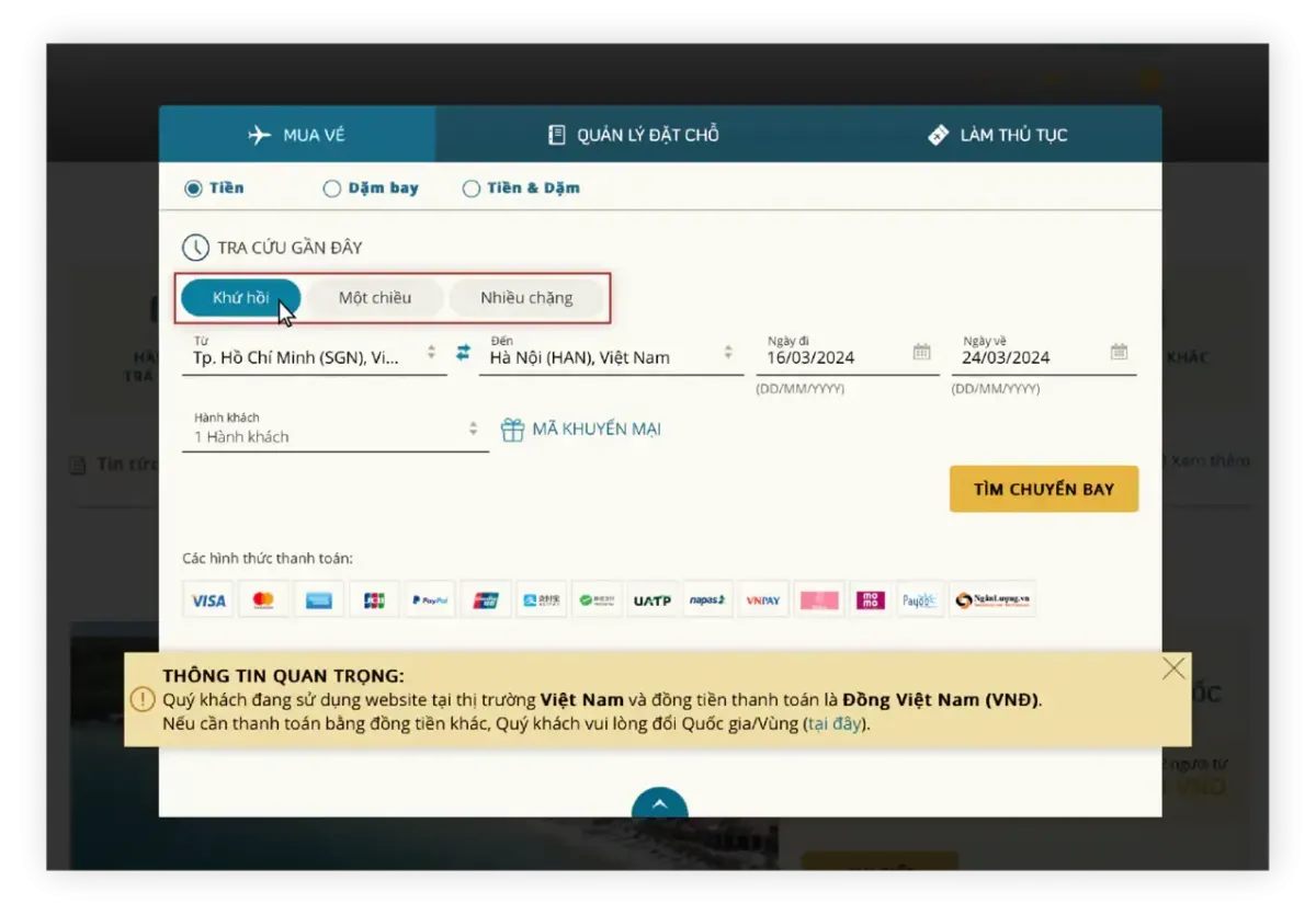 Tìm kiếm chuyến bay Vietnam Airlines
