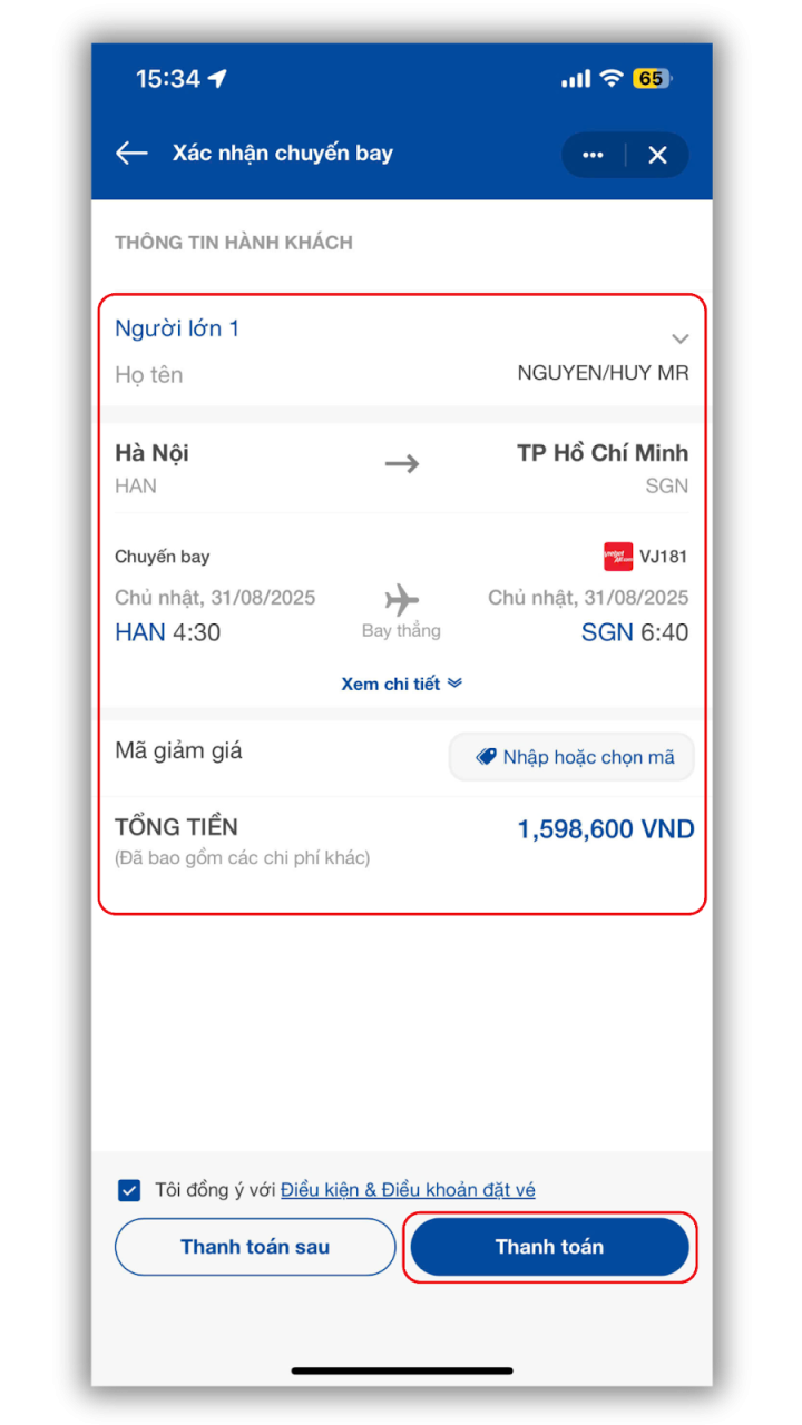 Kiểm tra thông tin và tiến hành thanh toán