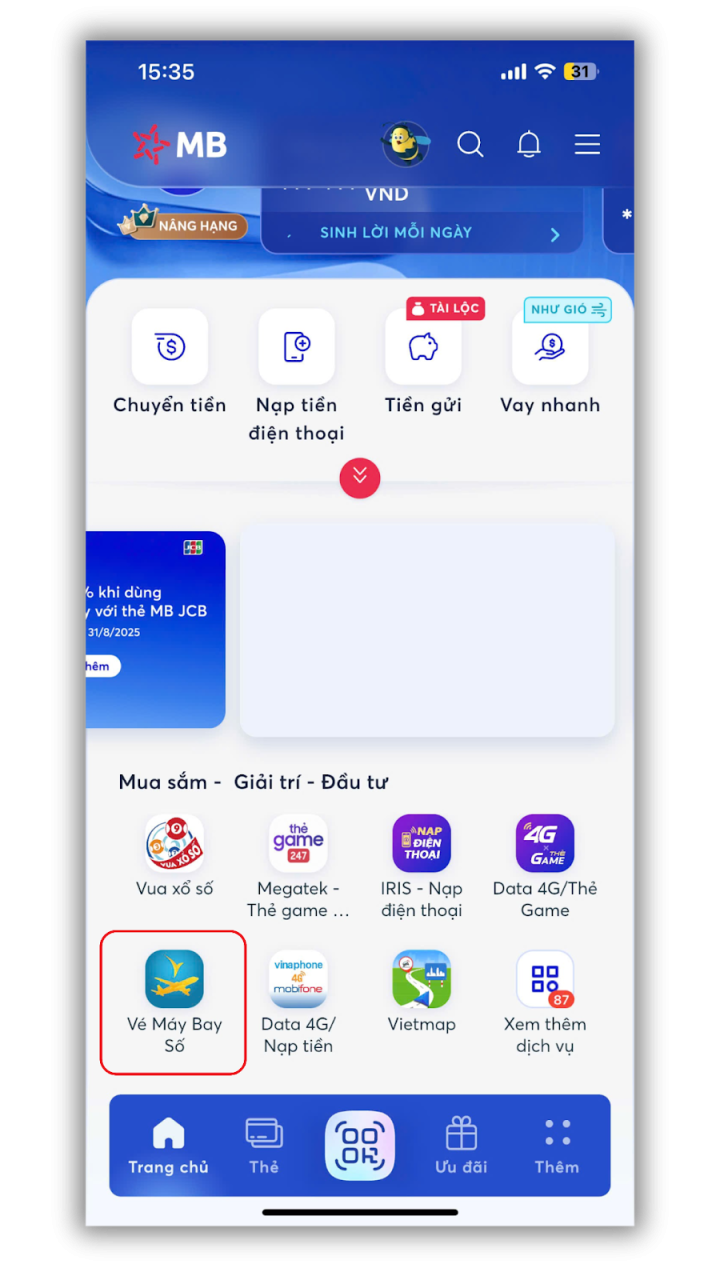 Chọn tính năng “Vé máy bay số’’ trên ứng dụng MBBank
