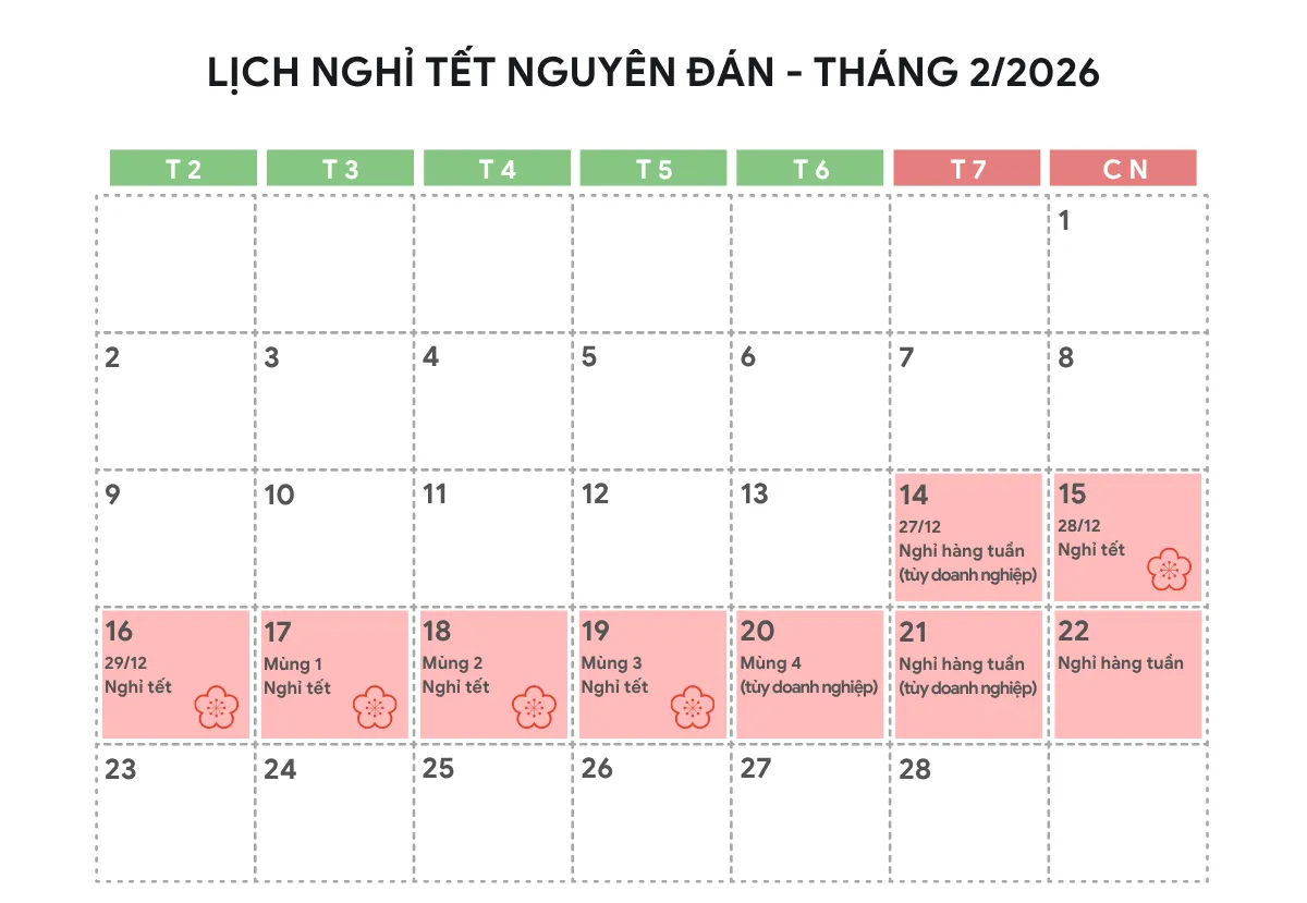 Lịch nghỉ Tết Nguyên đán 2026 