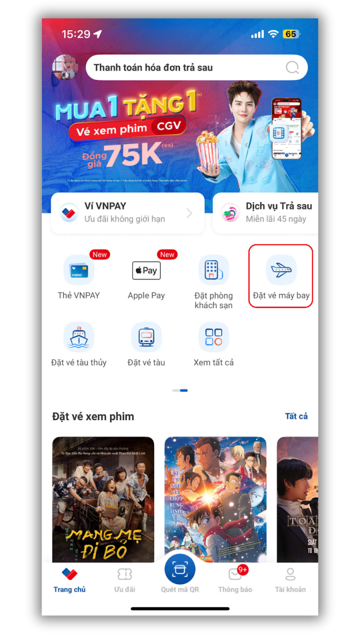 Chọn biểu tượng “Đặt vé máy bay”